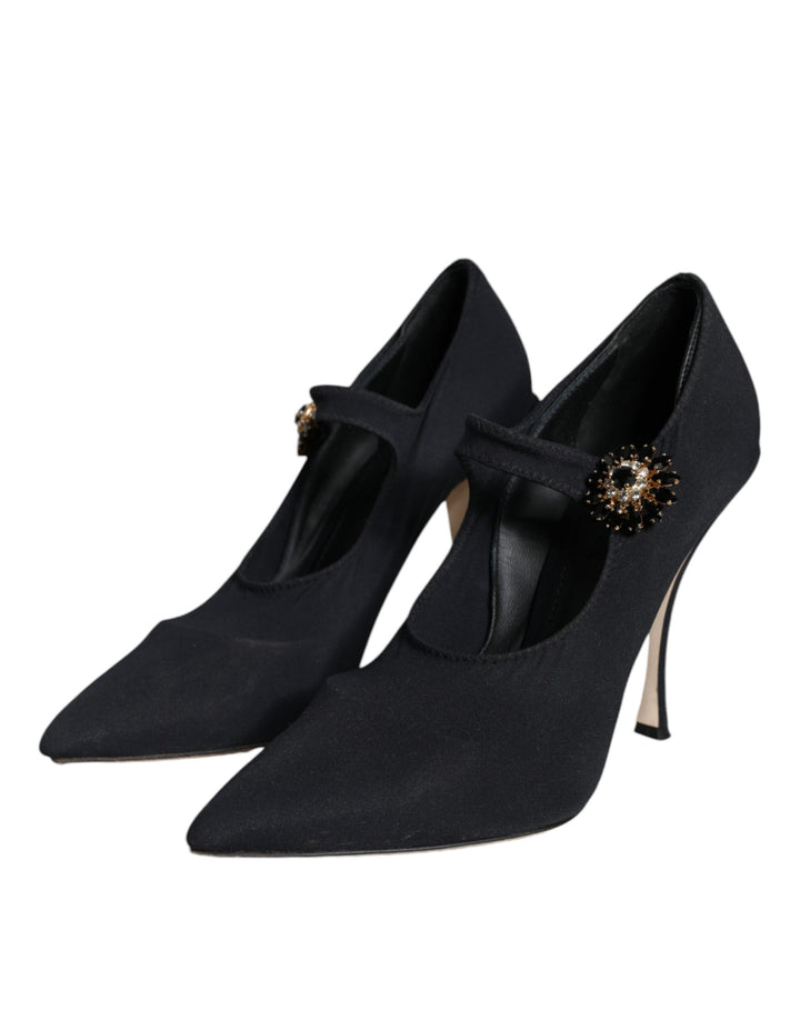 Dolce & Gabbana Black Mary Jane Jersey Crystal Pumps Shoes