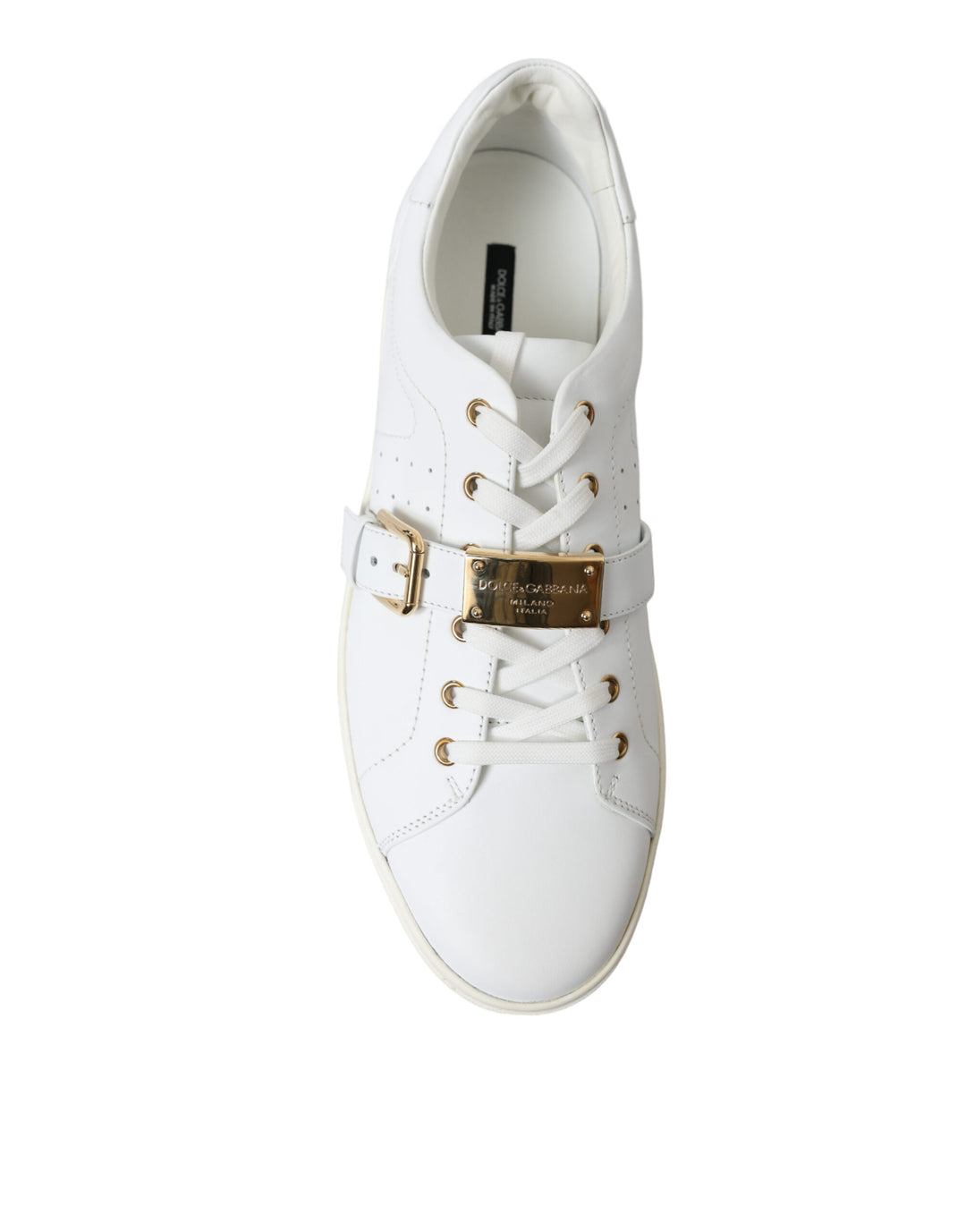 Dolce & Gabbana White Leather Gold Buckle Sneakers Shoes