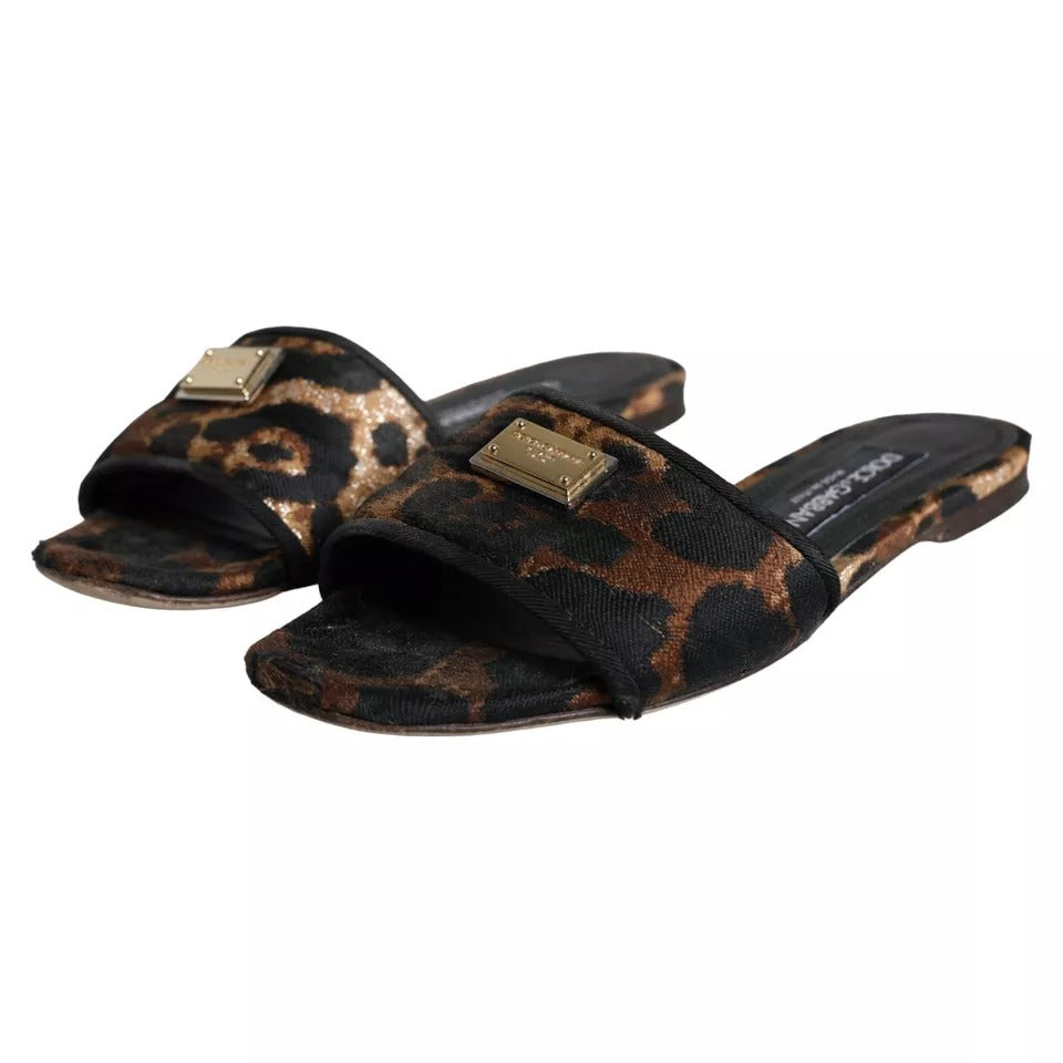 Dolce & Gabbana Brown Leopard Logo Slides Flats Sandals Shoes