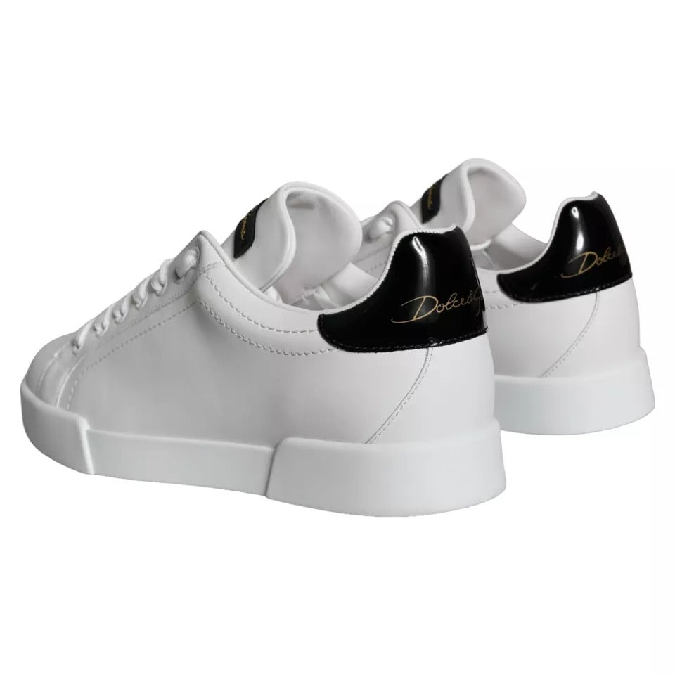 Dolce & Gabbana White Black Leather Low Top Sneakers Shoes