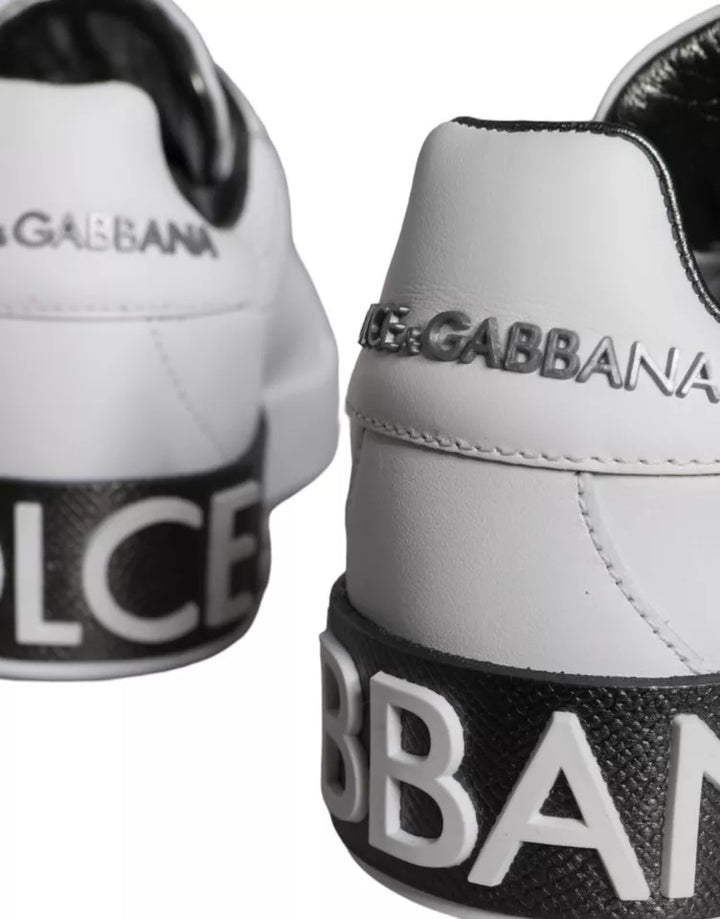 Dolce & Gabbana White Black Leather Portofino Sneakers Shoes