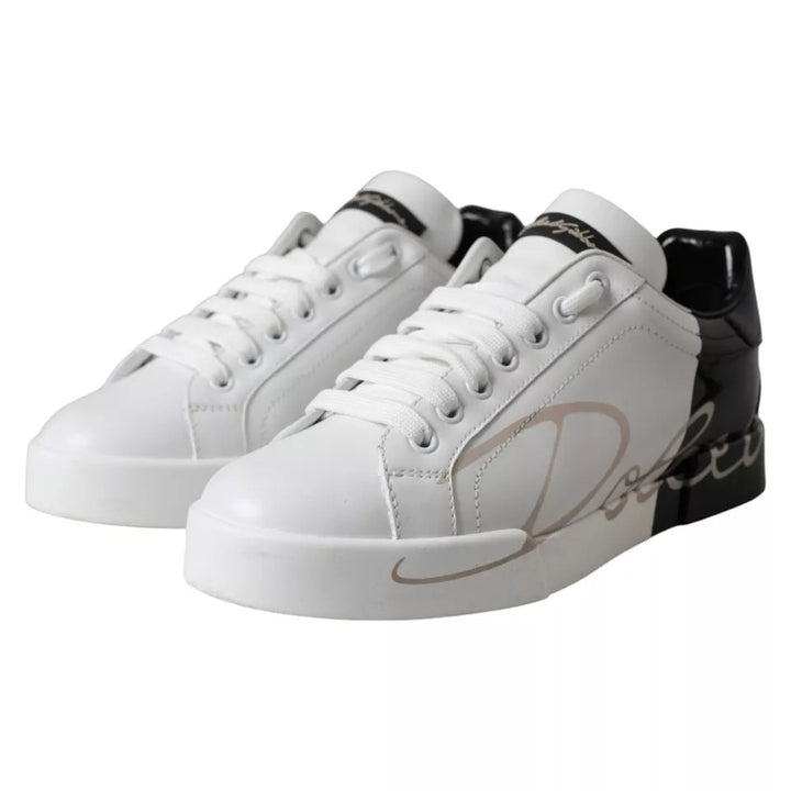 Dolce & Gabbana White Black Portofino Low Top Leather Sneakers Shoes