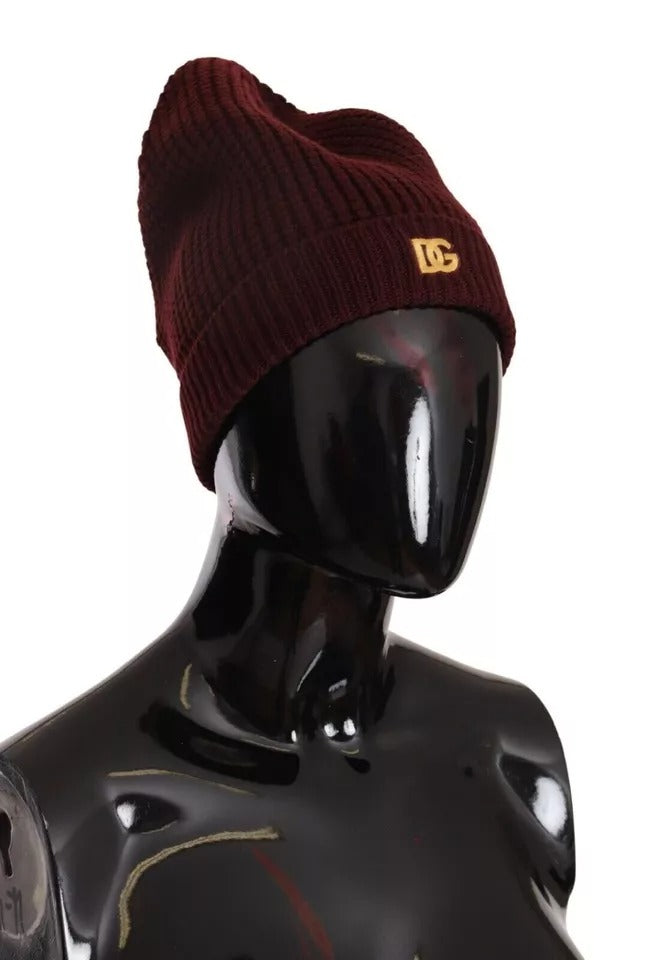 Dolce & Gabbana Dark Red Wool Knit Women Logo Beanie Cap Hat