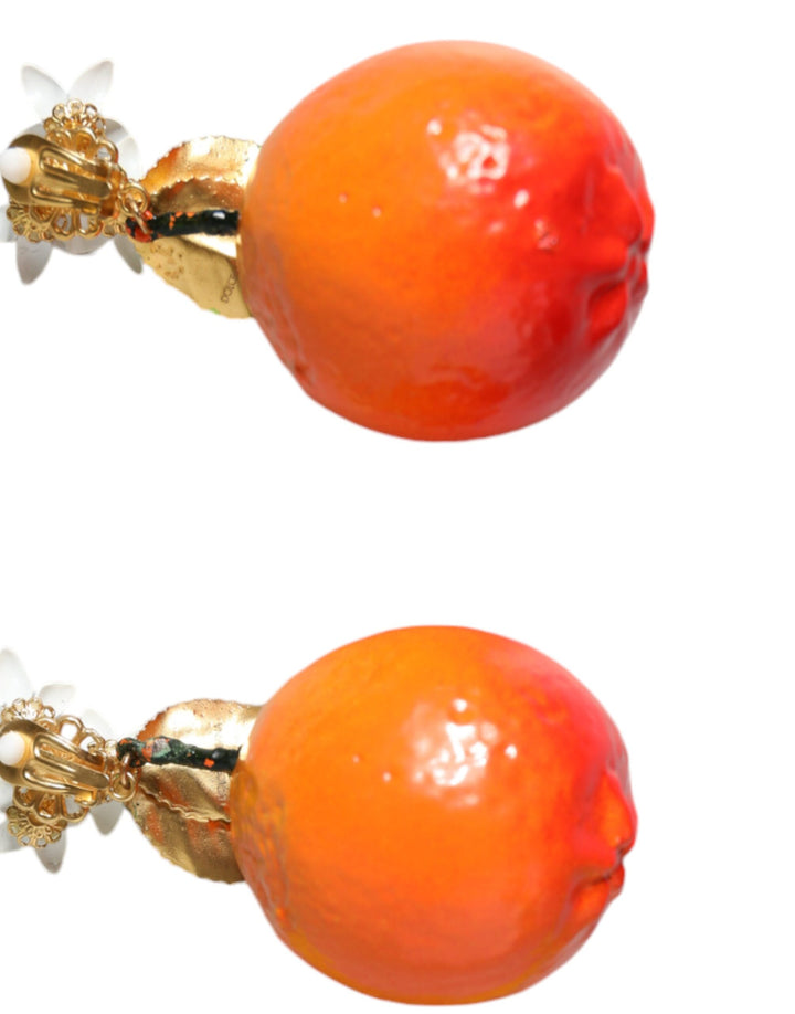 Dolce & Gabbana Gold Tone Brass Crystals Orange Lily Clip On Earrings