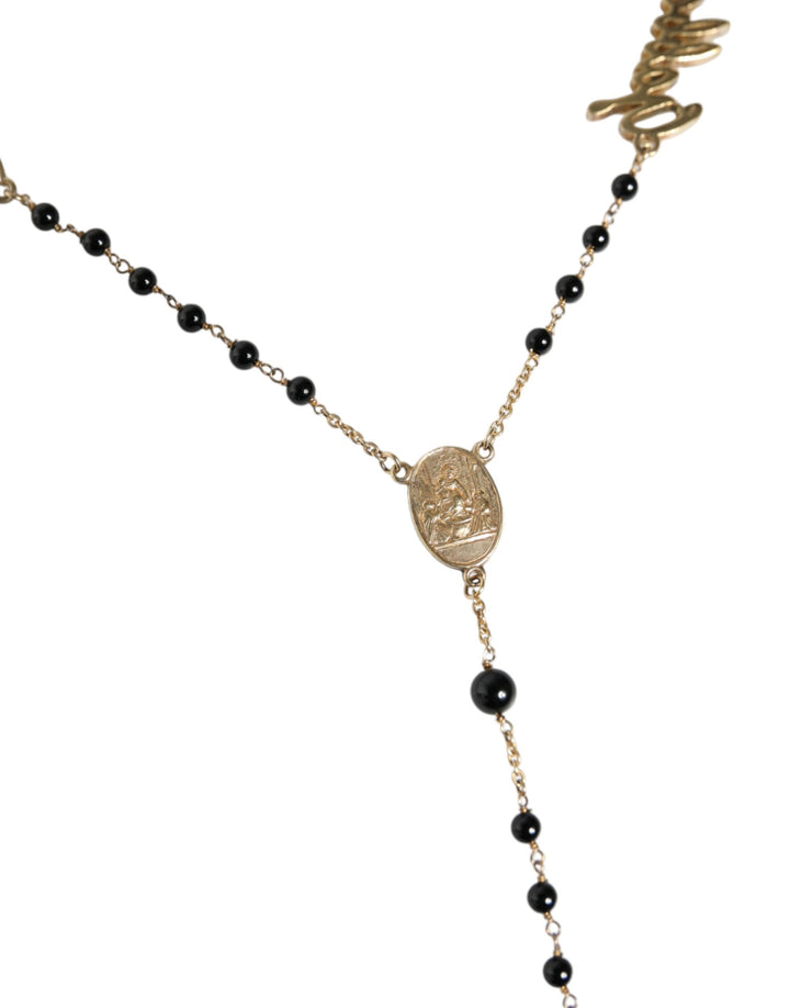 Dolce & Gabbana Gold Sterling Silver Black Beaded Rosary Chain Necklace