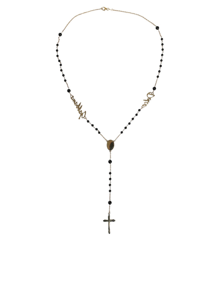 Dolce & Gabbana Gold Sterling Silver Black Beaded Rosary Chain Necklace