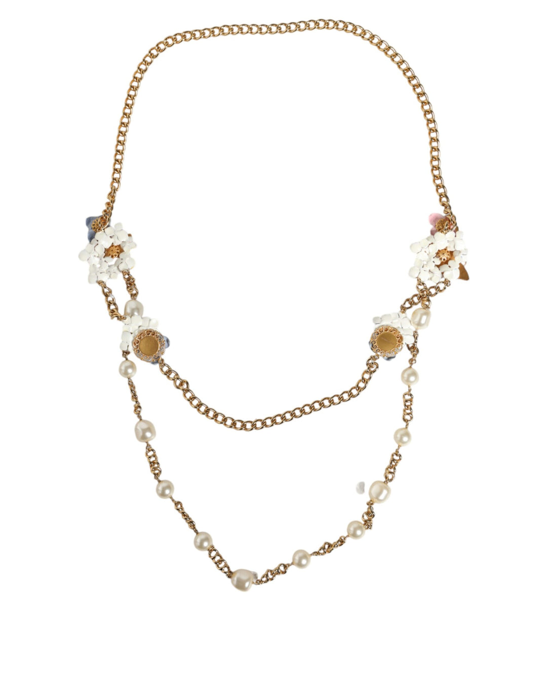 Dolce & Gabbana Gold Chain Brass Floral Layered Crystal Pearl Necklace