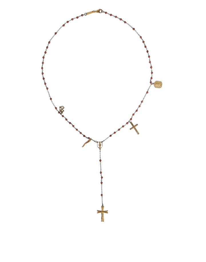 Dolce & Gabbana Gold Chain Brass Beaded Rosary Cross Pendant Necklace