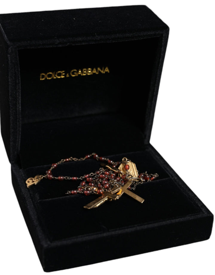 Dolce & Gabbana Gold Chain Brass Beaded Rosary Cross Pendant Necklace