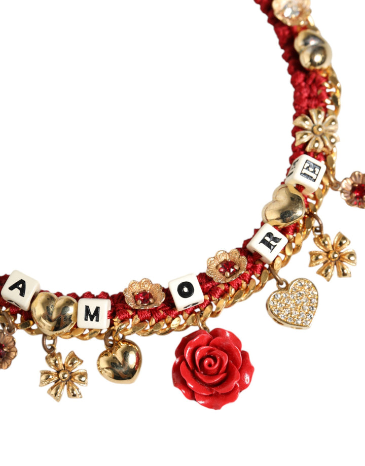 Dolce & Gabbana Gold Tone Choker Amore Red Floral Woven Charm Necklace