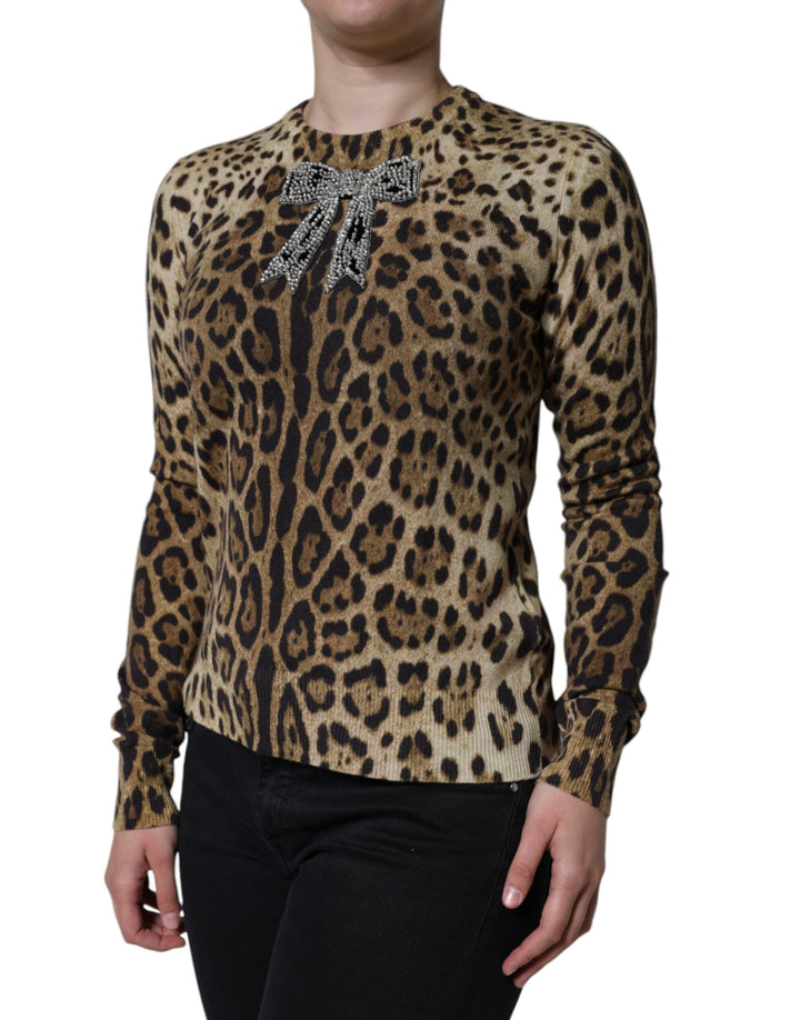 Dolce & Gabbana Brown Leopard Embellished Long Sleeve Sweater