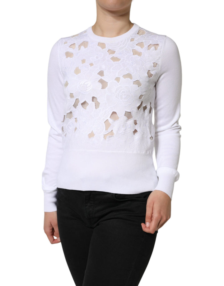 Dolce & Gabbana White Lace Cut Out Long Sleeves Pullover Sweater