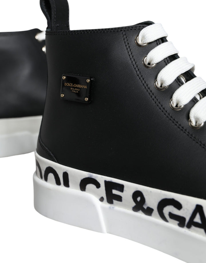 Dolce & Gabbana Black White Leather Mid Top Sneakers Shoes