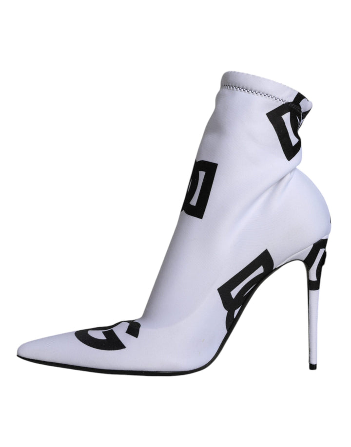 Dolce & Gabbana White Logo Stretch Heels Ankle Boots Shoes