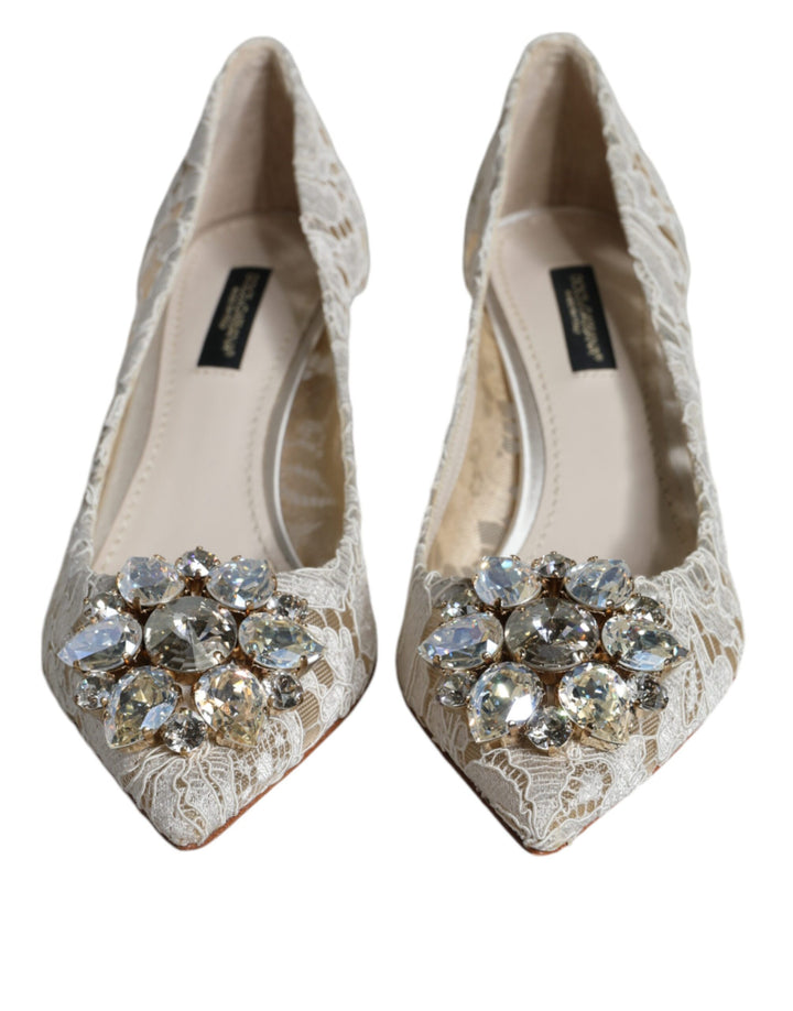 Dolce & Gabbana White Taormina Lace Crystal Heel Pumps Shoes