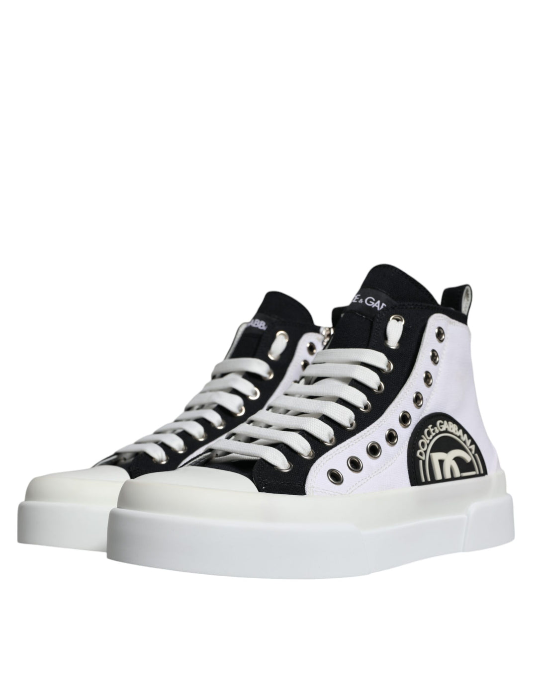 Dolce & Gabbana White Black Cotton Logo High Top Sneaker Shoes