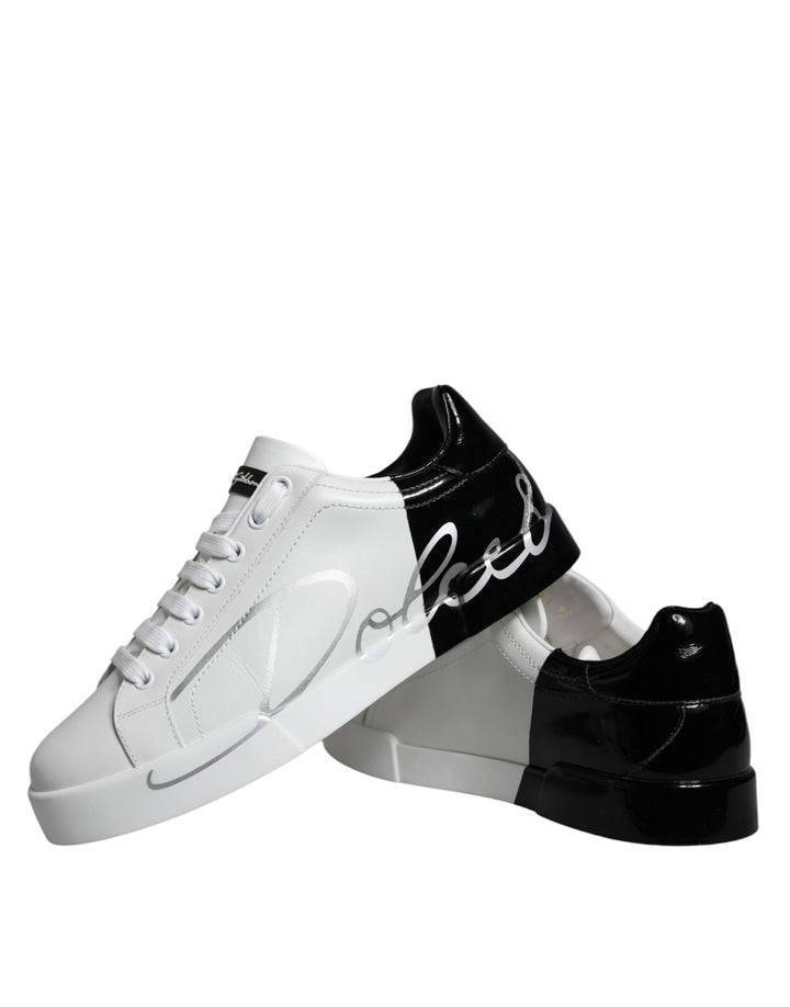 Dolce & Gabbana White Blue Leather Logo Low Top Sneakers Shoes