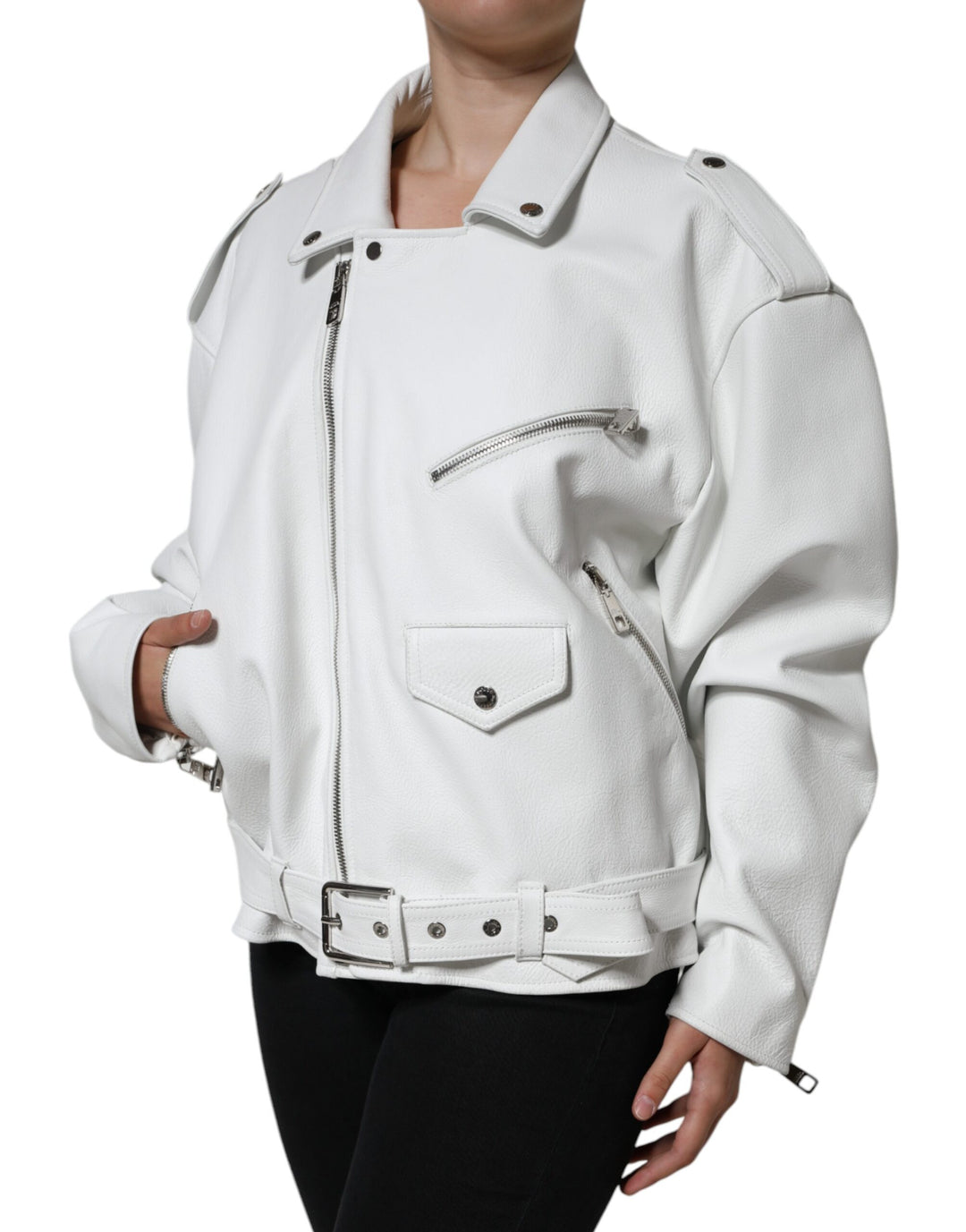 Dolce & Gabbana White Lambskin Leather Biker Coat Jacket