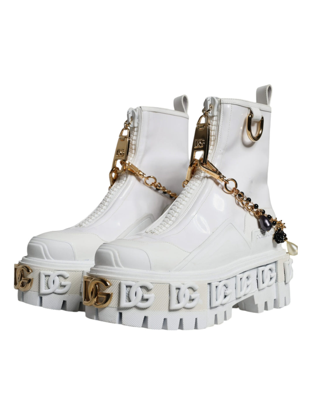 Dolce & Gabbana White Rubber Embellished Logo Ankle Boots Shoes