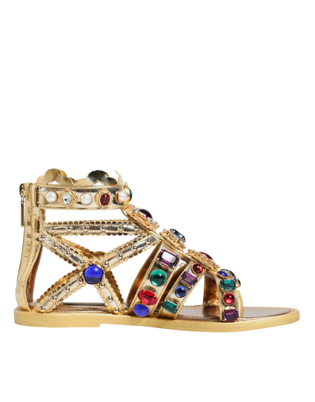 Dolce & Gabbana Gold Leather Crystal Gladiator Sandals Flats Shoes