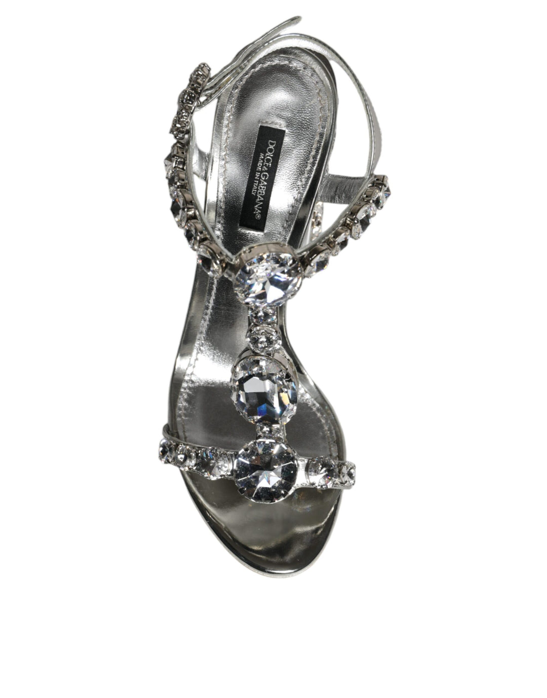 Dolce & Gabbana Silver Leather T-strap Crystal Sandals Shoes