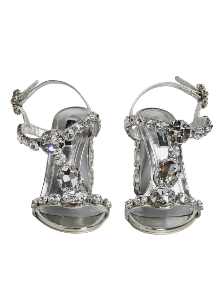 Dolce & Gabbana Silver Leather T-strap Crystal Sandals Shoes