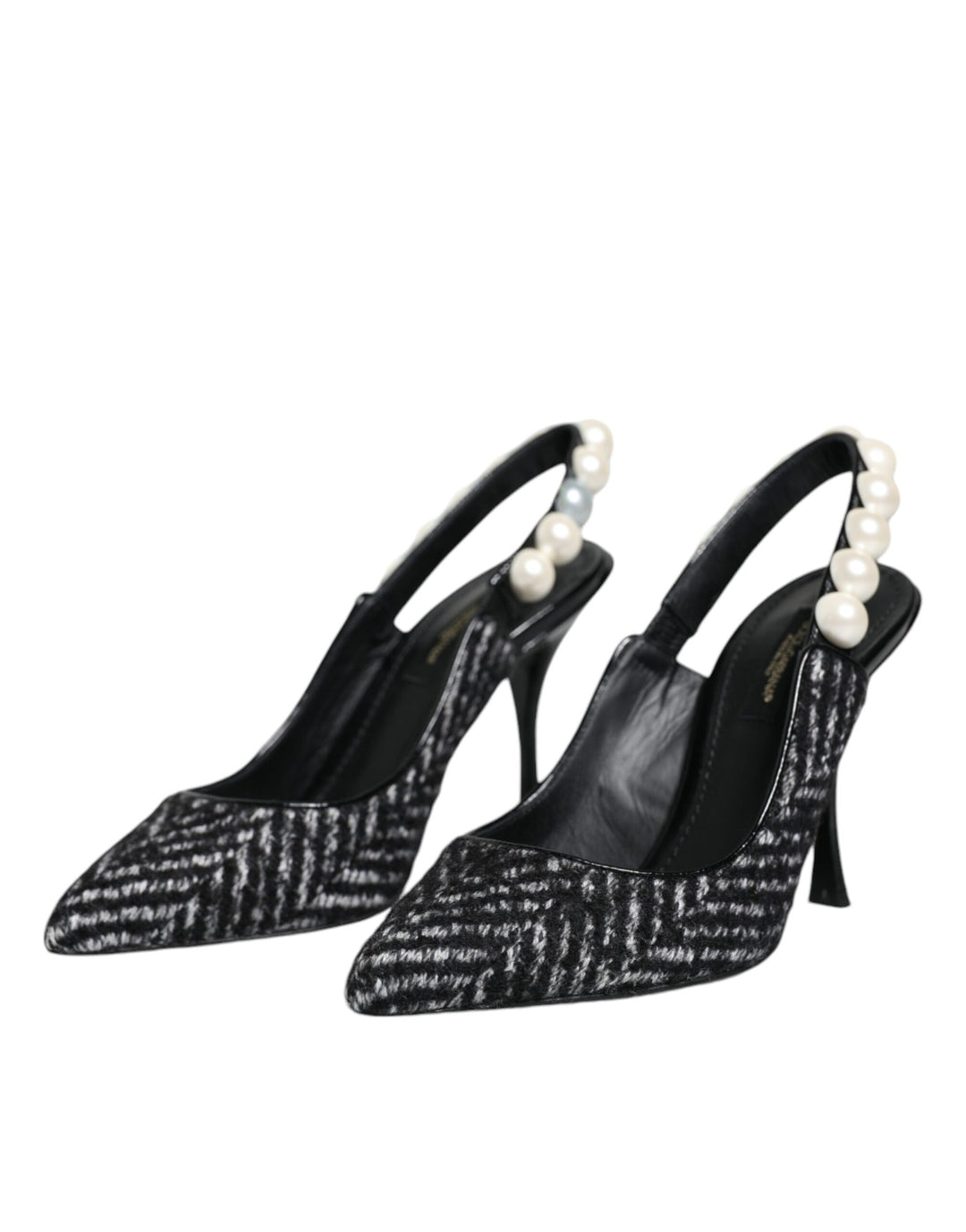 Dolce & Gabbana White Black Chevron Faux Pearl Slingback Shoes