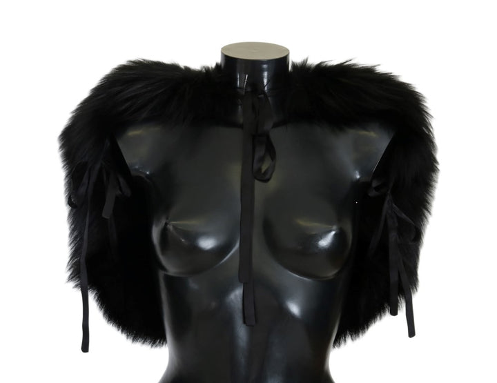 Dolce & Gabbana Elegant Black Silver Fox Fur Wrap Scarf