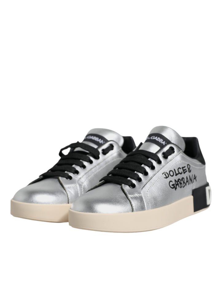 Dolce & Gabbana Silver Calf Leather Portofino Sneakers Shoes