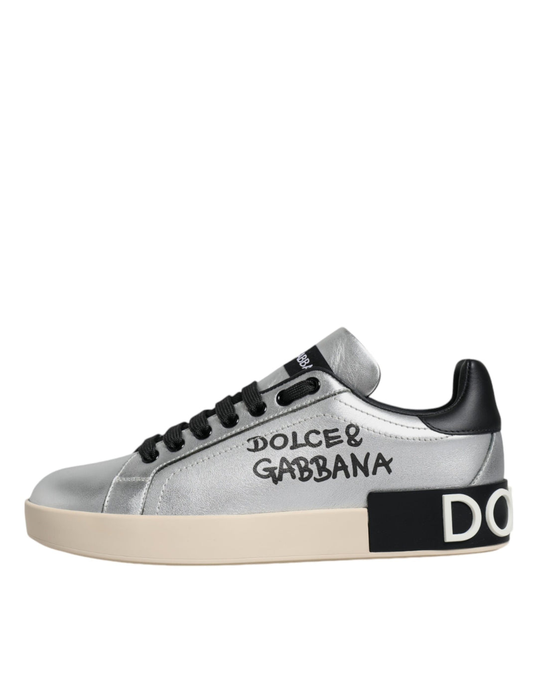 Dolce & Gabbana Silver Calf Leather Portofino Sneakers Shoes