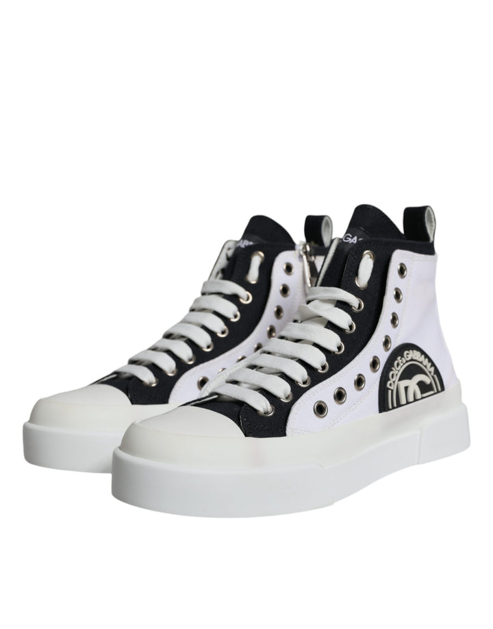 Dolce & Gabbana White Black Canvas Logo Mid Top Sneakers Shoes