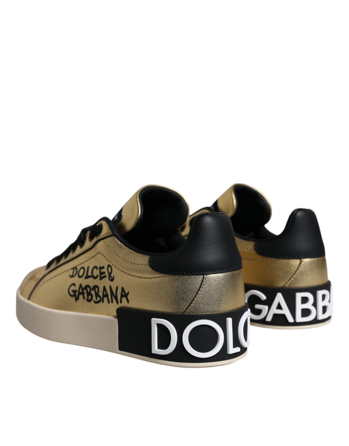 Dolce & Gabbana Gold Portofino Calf Leather Sneakers Shoes