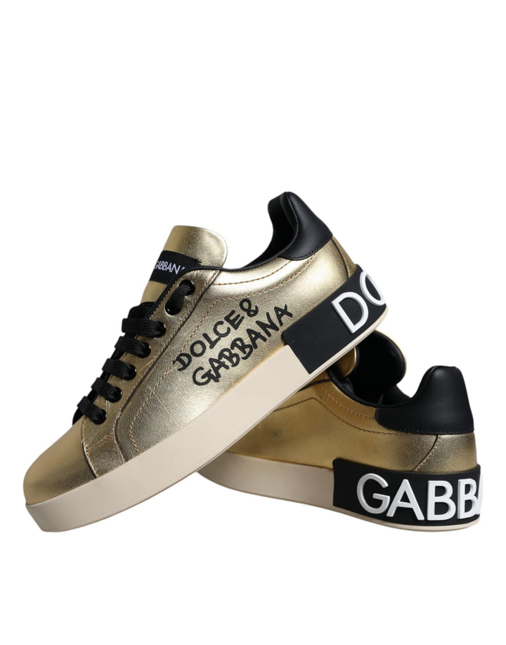 Dolce & Gabbana Gold Portofino Calf Leather Sneakers Shoes