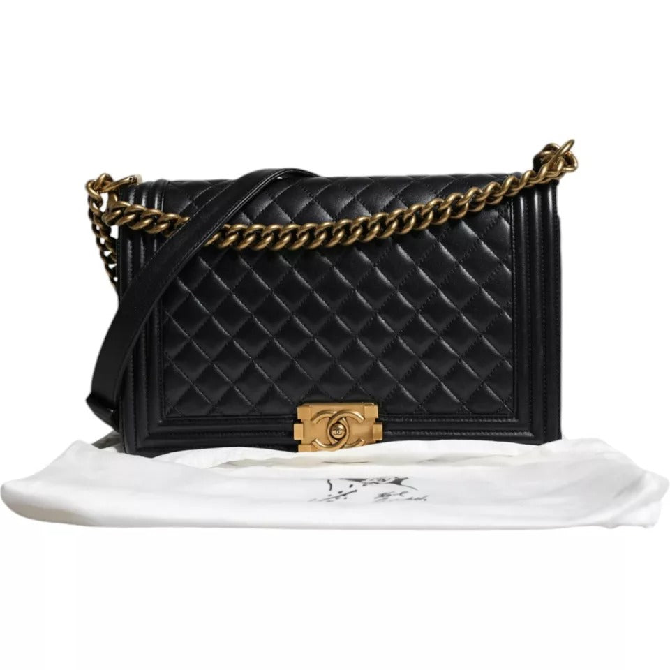 Chanel Black Large Lambskin Double Chain Gold Leather Shoulder Bag