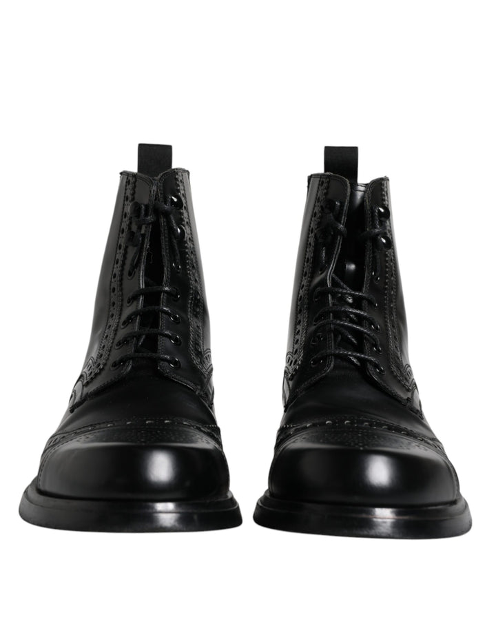 Dolce & Gabbana Black Leather Lace Up Mid Calf Boots Shoes