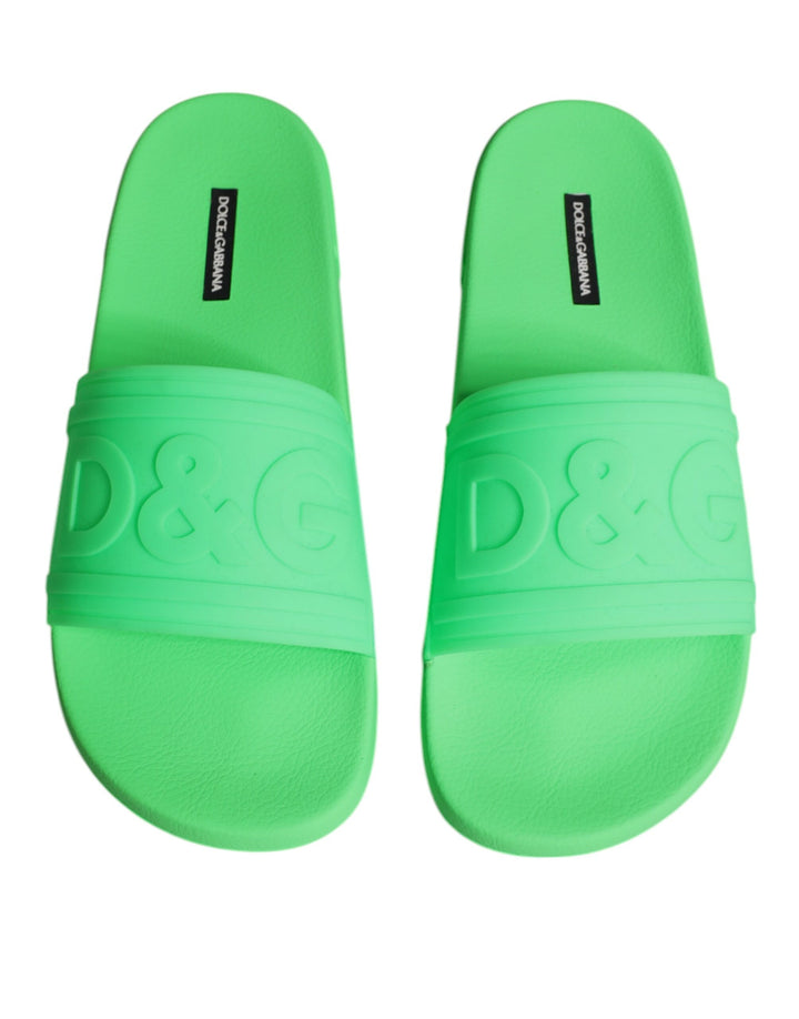 Dolce & Gabbana Green Leather Slides Sandals Beachwear Shoes