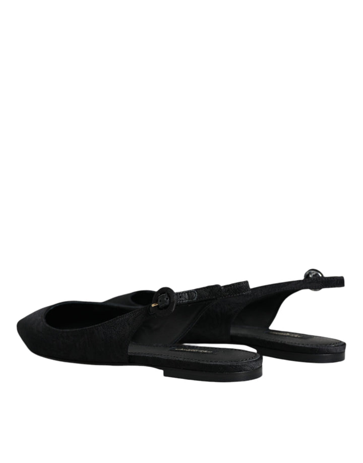 Dolce & Gabbana Black Brocade Flats Sandals Slingback Shoes