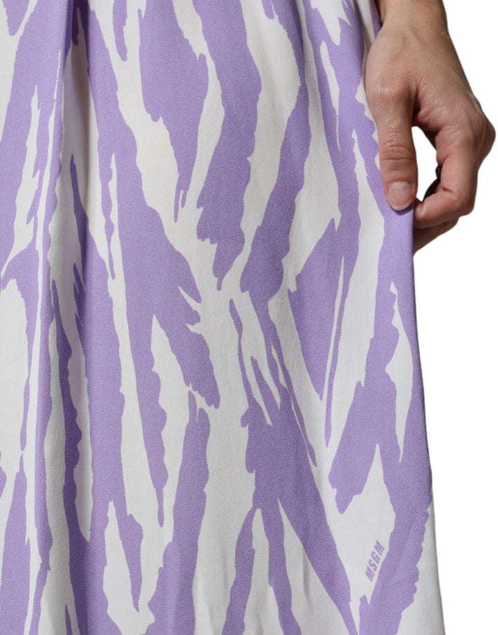 MSGM White Purple Patterned Viscose Short Sleeves Maxi Dress