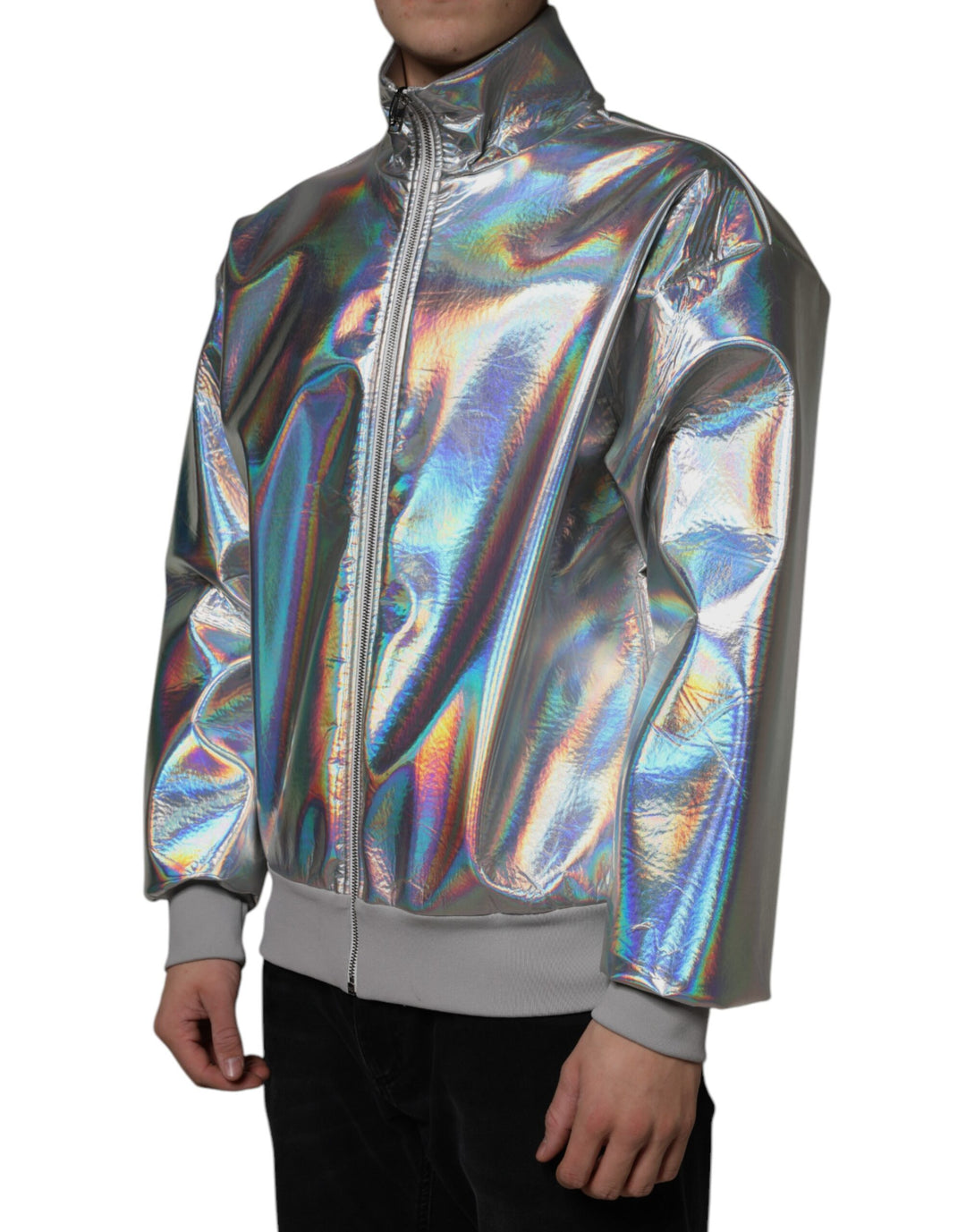 Dolce & Gabbana Silver Iridescent Full Zip Men Bomber Jacket