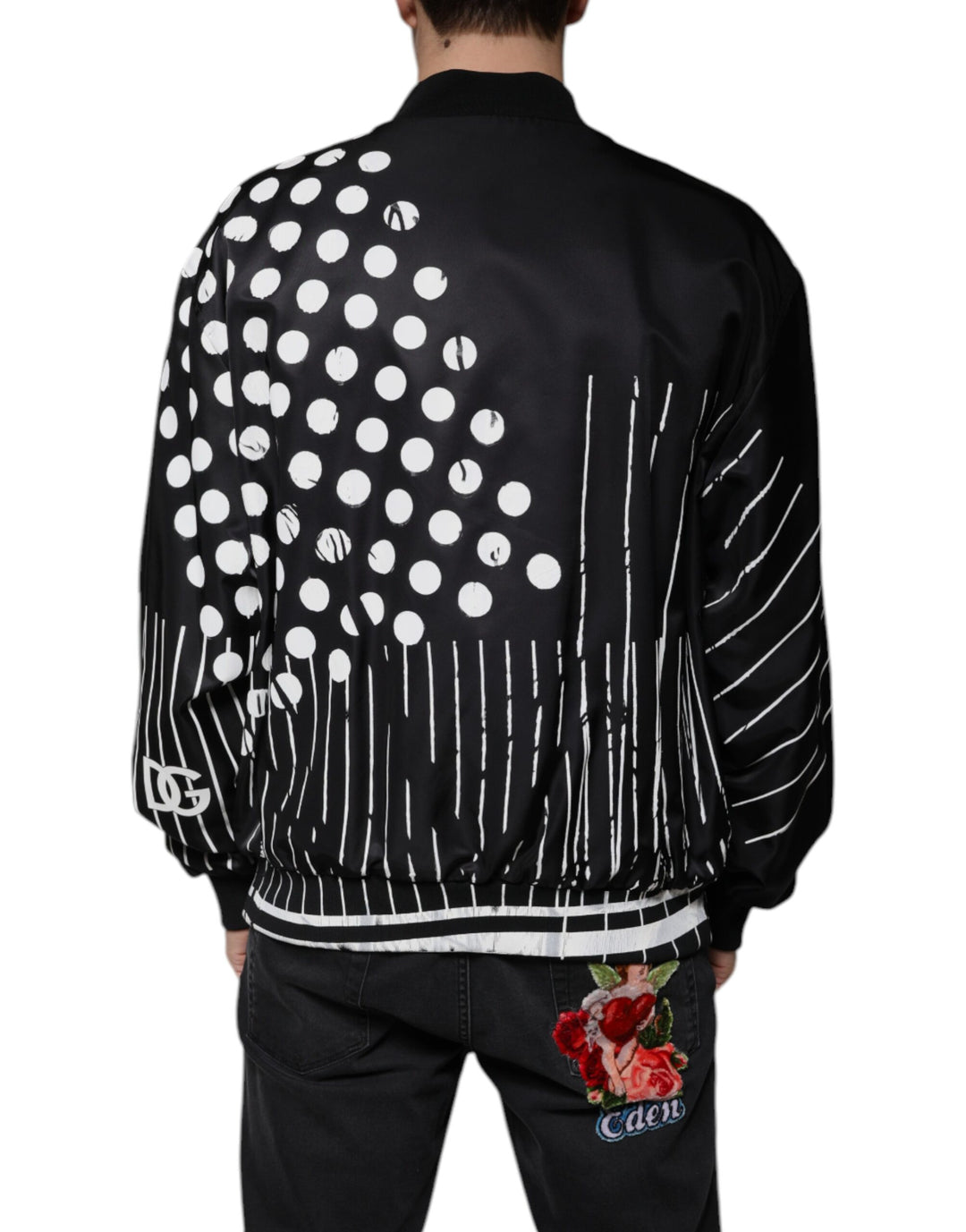 Dolce & Gabbana Black Polka Dot Stripe Nylon Bomber Jacket