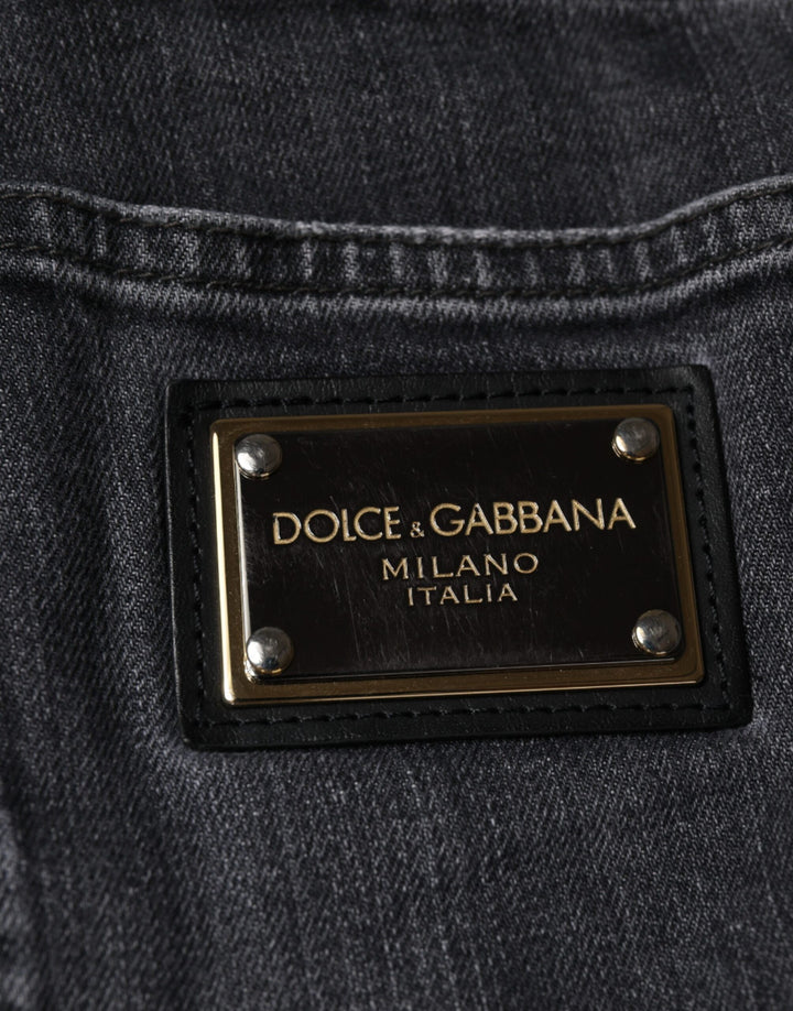 Dolce & Gabbana Dark Gray Tattered Cotton Skinny Denim Jeans