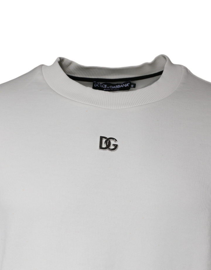 Dolce & Gabbana White Logo Cotton Crew Neck Pullover Sweater