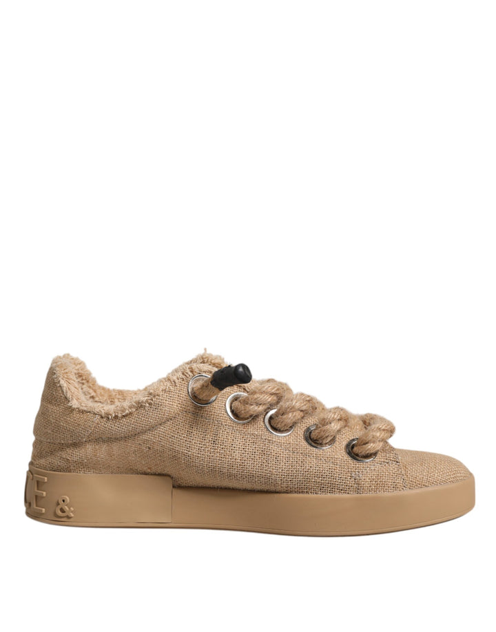 Dolce & Gabbana Brown Jute Fabric Low Top Men Sneakers Shoes