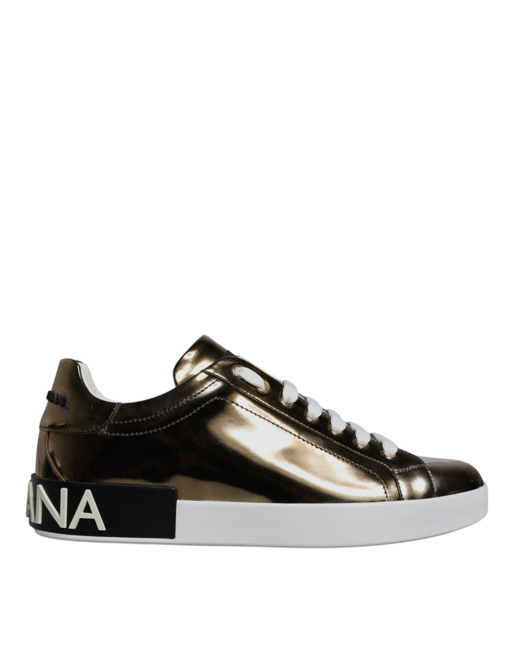 Dolce & Gabbana Gold Leather Logo Portofino Men Sneaker Shoes