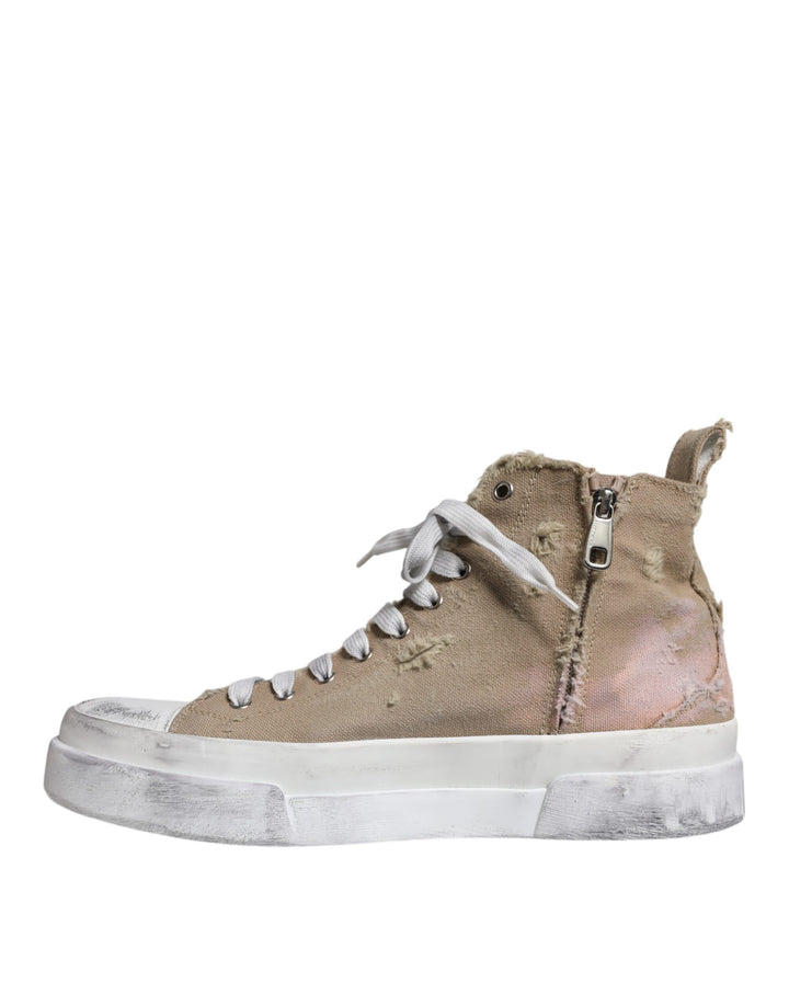 Dolce & Gabbana Beige White Canvas High Top Sneakers Shoes