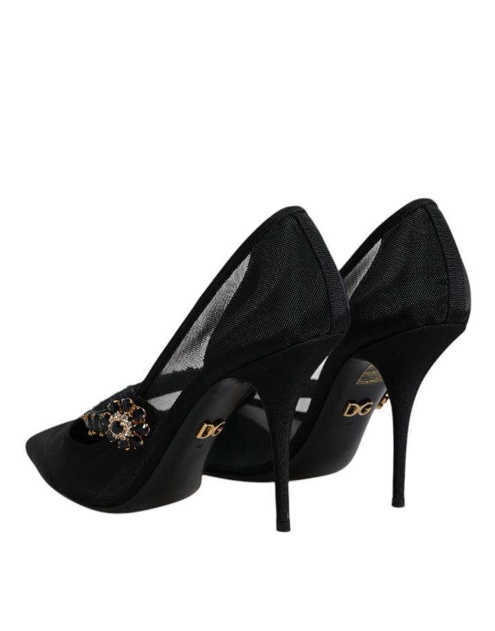 Dolce & Gabbana Black Mesh Mary Jane Crystal Heel Pump Shoes