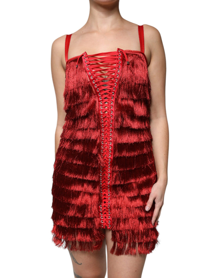 Dolce & Gabbana Red Lace Tassel Sleeveless Sheath Mini Dress