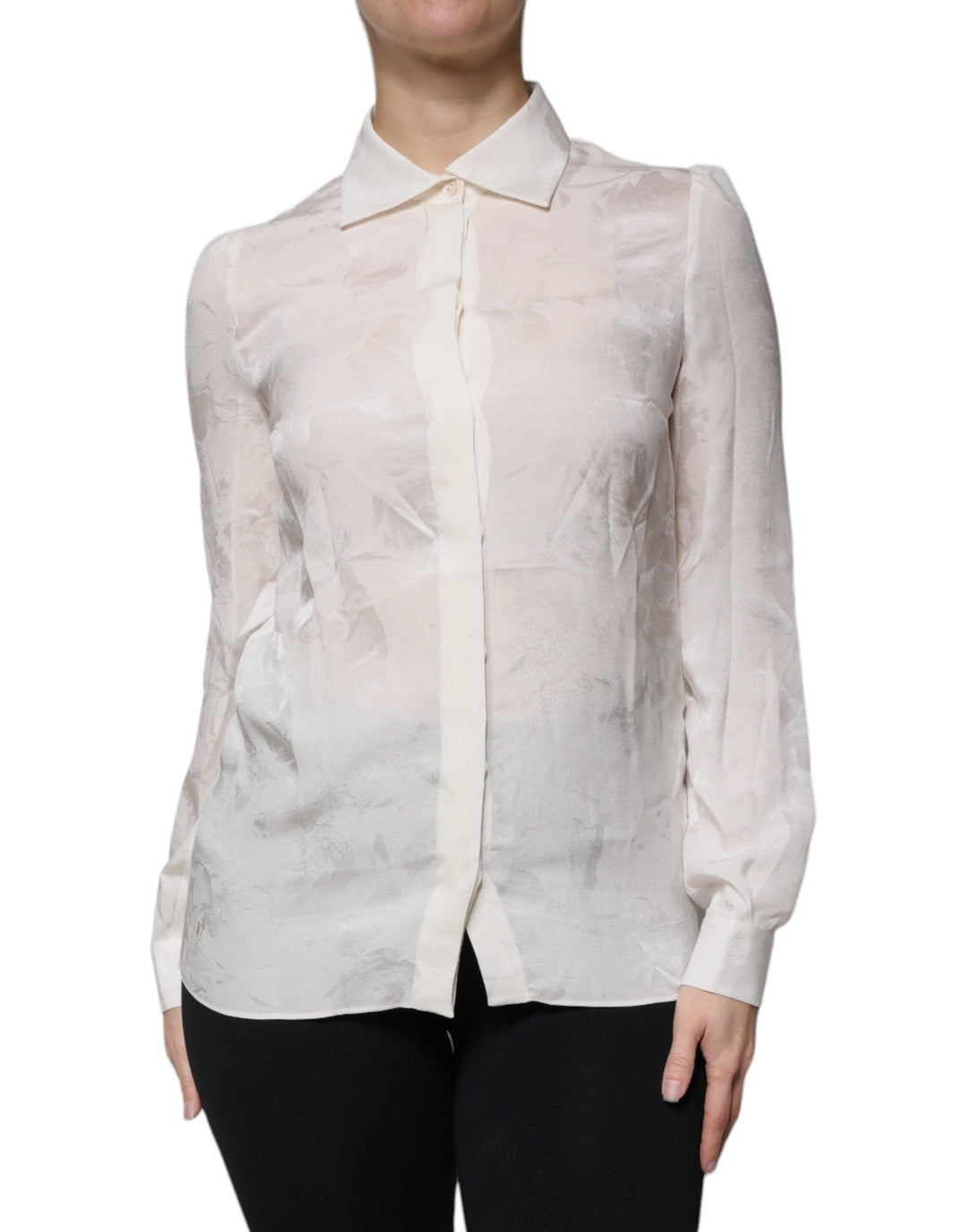 Dolce & Gabbana White Silk Collared Long Sleeves Shirt Top