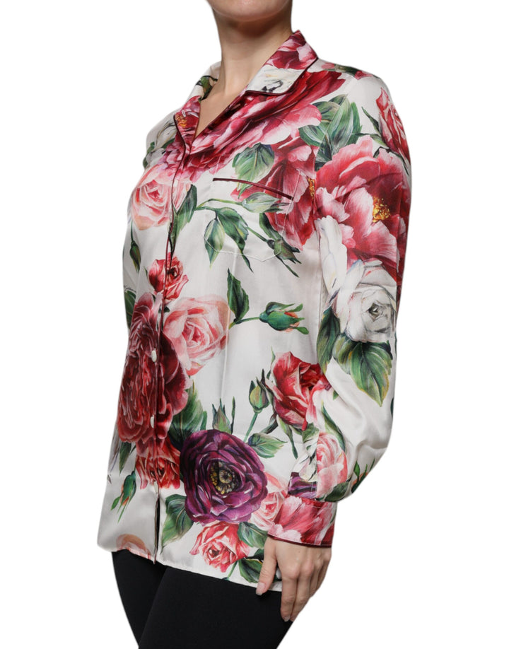 Dolce & Gabbana White Peony Silk Long Sleeves Collared Blouse Top