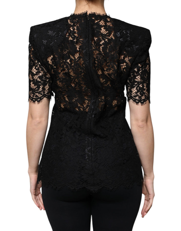 Dolce & Gabbana Black Floral Lace Short Sleeves Blouse Top